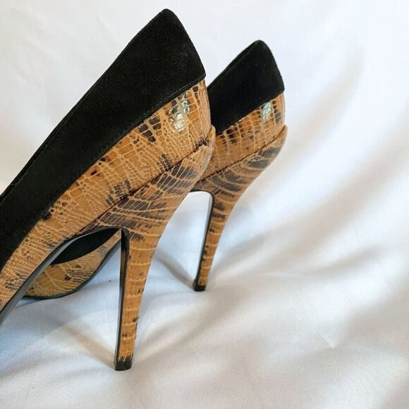 CHRISTIAN DIOR BROWN SNAKE EMBOSSED LEATHER BLACK SUEDE STILETTO HEEL PUMPS - 38 - Picture 7 of 9